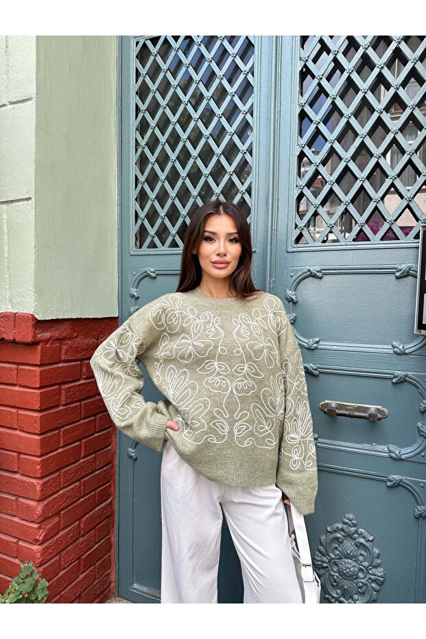 Embroidered Oversize Soft Textured Ribbed Knitwear Sweater 2626 - Green