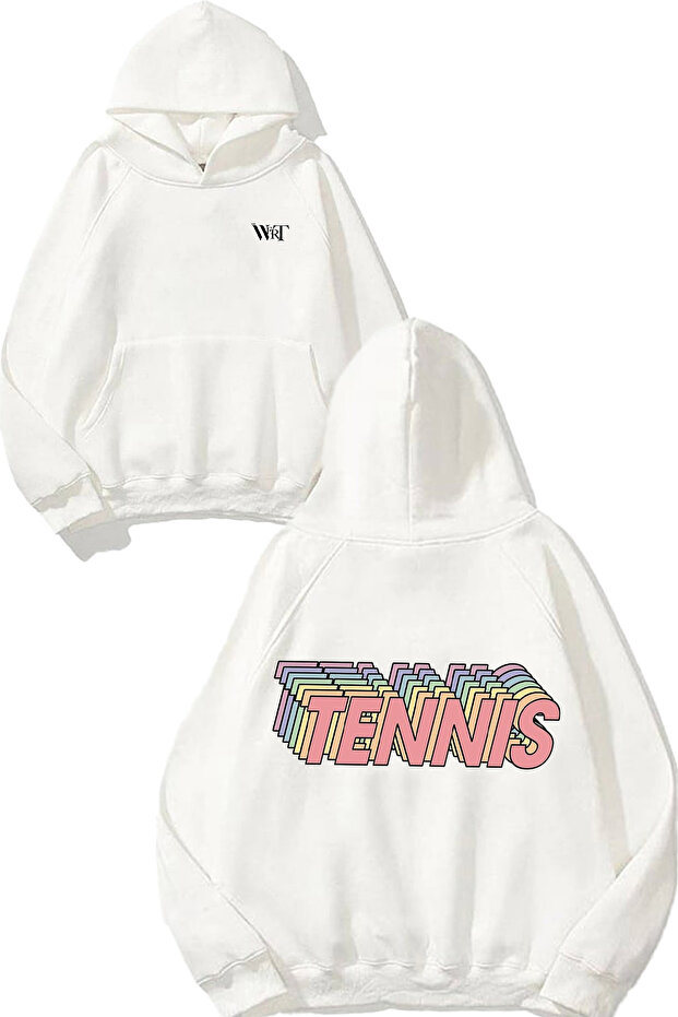 Tennis 3 Design Back Printed White Hooded Sweatshirt