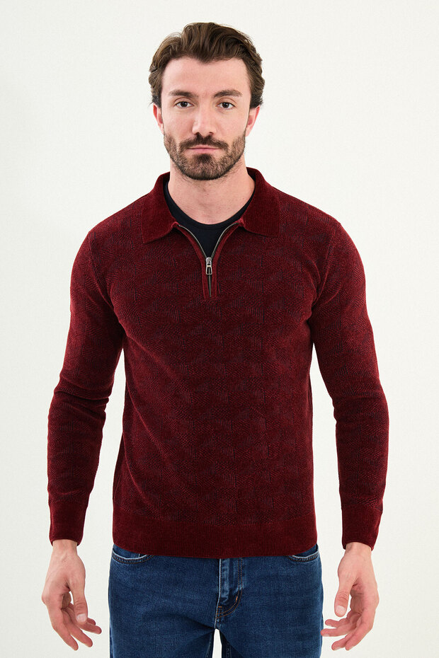 Patterned Slim Fit Zippered Polo Collar Chenille Fabric Men's Knitwear Sweater Claret Red - 11555.25K
