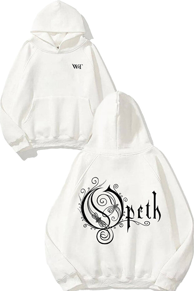سويت شيرت أبيض بقلنسوة مطبوع عليه تصميم ظهر من Opeth 1