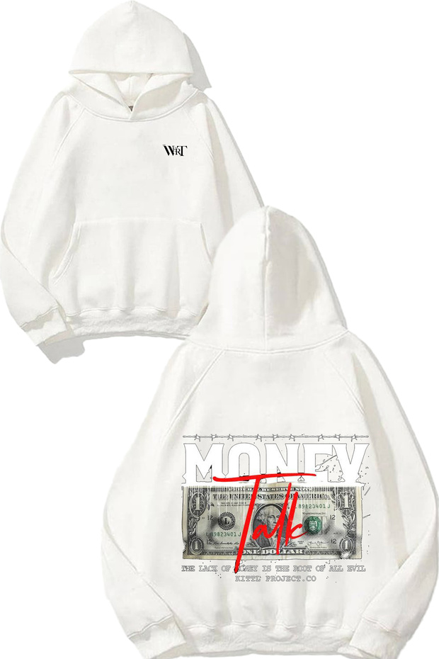 سويت شيرت أبيض بقلنسوة مطبوع عليه تصميم Money Talks على الظهر