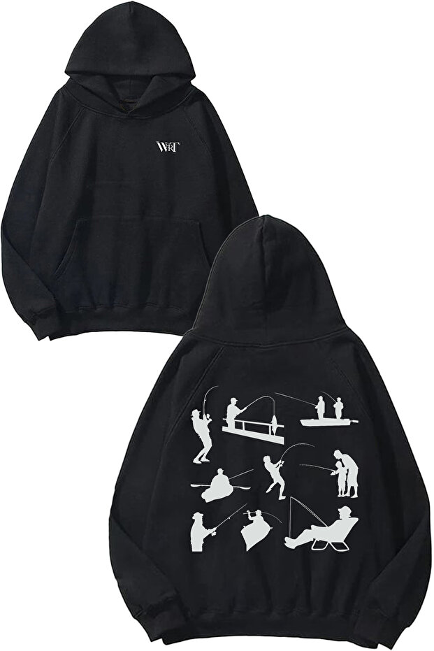 Fishher 2 Design Back Printed Black Hooded Sweatshirt