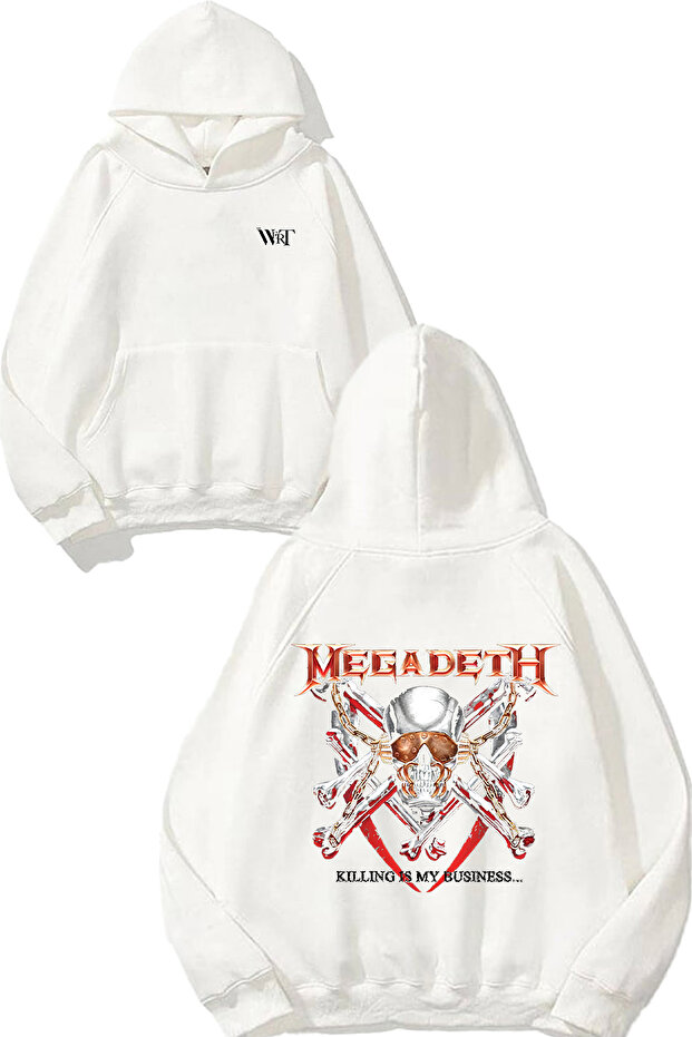 سويت شيرت أبيض بقلنسوة مطبوع عليه تصميم Megadeth 1 على الظهر