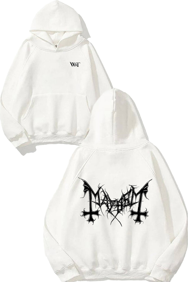 Mayhem 3 Design Back Printed White Hooded Sweatshirt