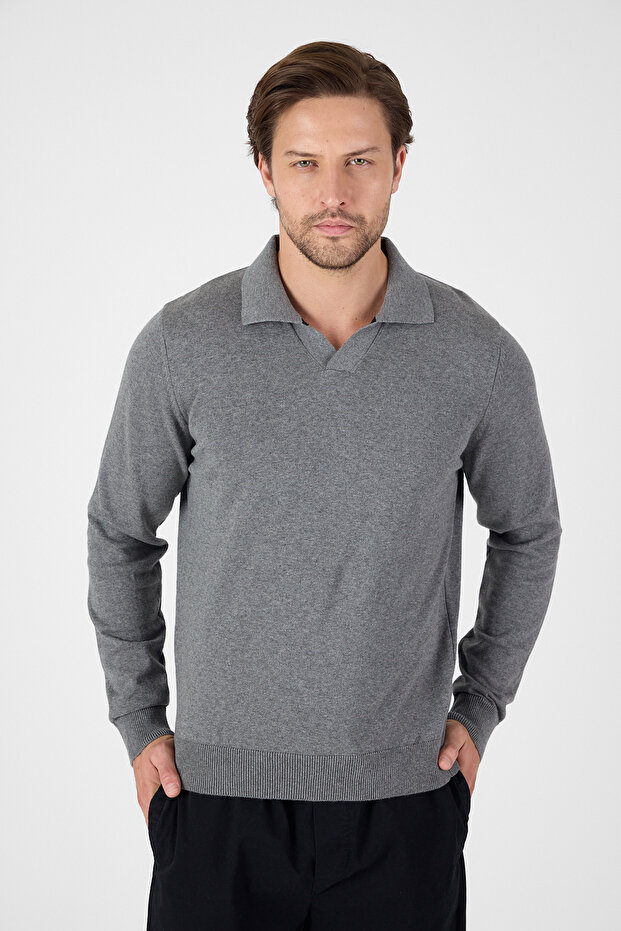 Gray 100% Cotton Men's Buttonless Polo Neck Knitwear Sweater