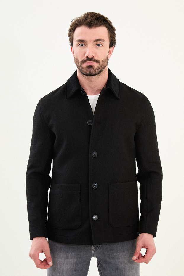 Gray Slim Fit Velvet Collar Men's Trenchcoat with Pocket Pockets Black - 21326.25K