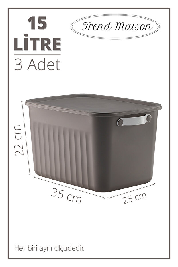 Gri Çok Amaçlı Kapaklı Saklama Seti, Dekoratif Organizer 3'lü - 3