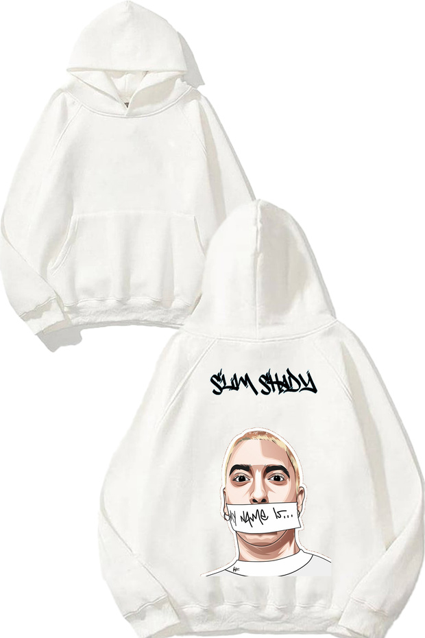 سويت شيرت أبيض بقلنسوة مطبوع عليه تصميم Eminem 2 على الظهر