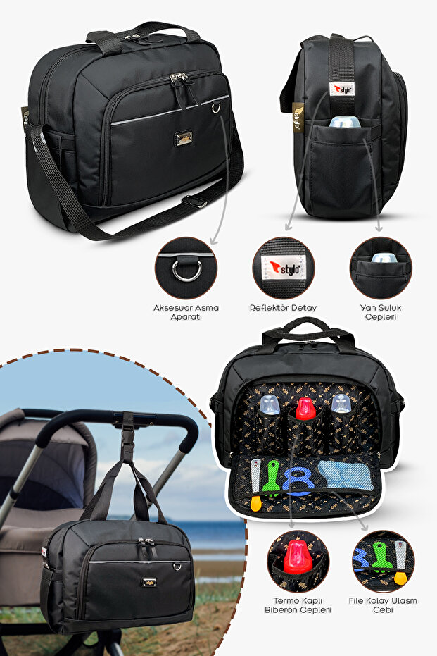 3'lü Set Anne Bebek Bakım Sırt Çantası & Urban Anne Bebek Omuz Çantası ve Termos Çanta-Siyah - 6