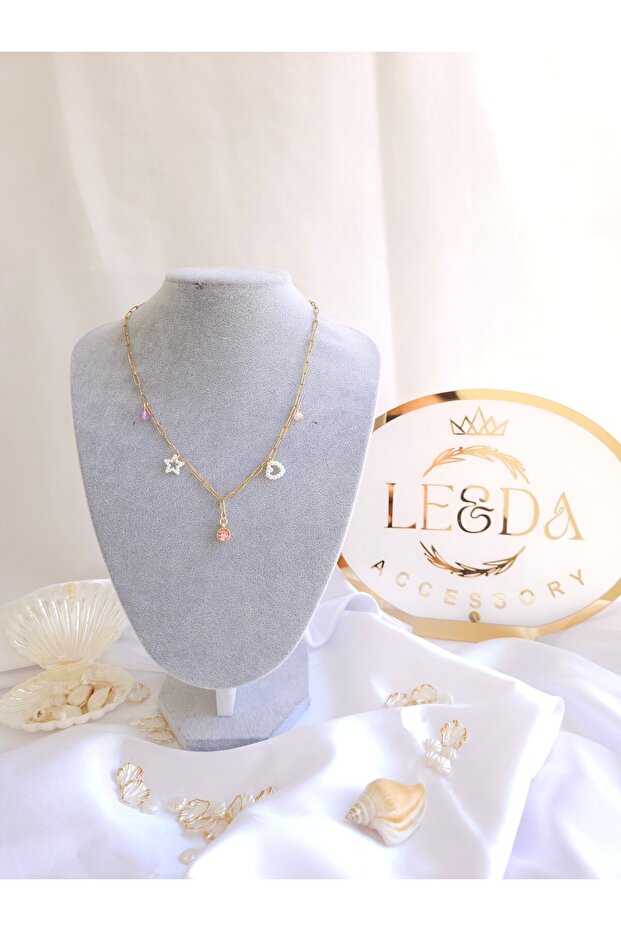 Pink Stone, Star, Heart Paperclip Steel Chain Charm Necklace