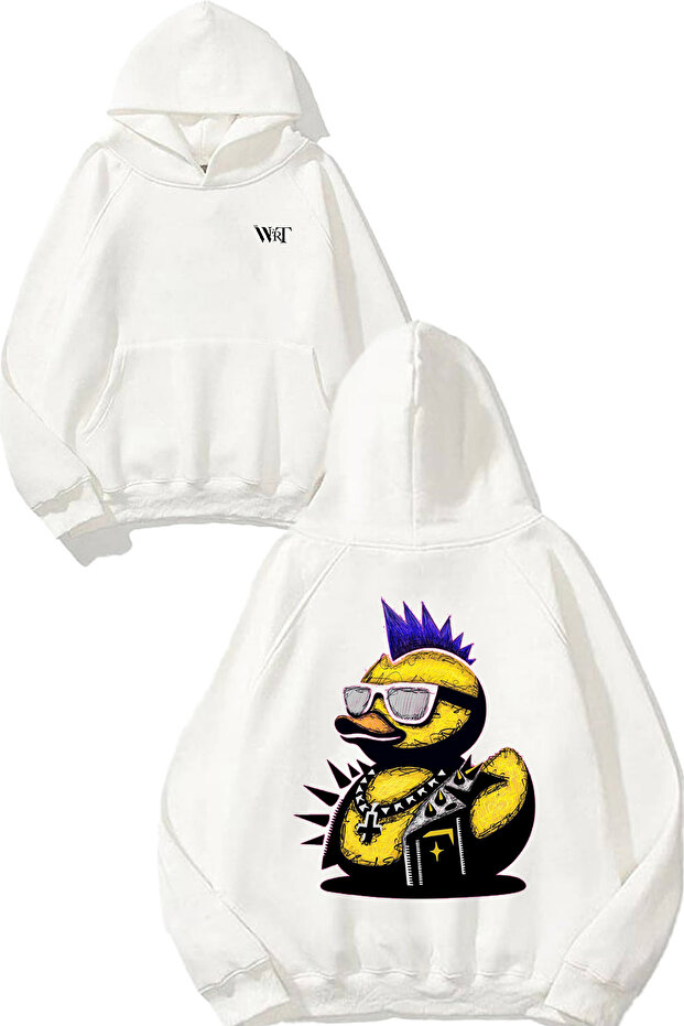 سويت شيرت أبيض بقلنسوة مطبوع عليه تصميم Rock Duck