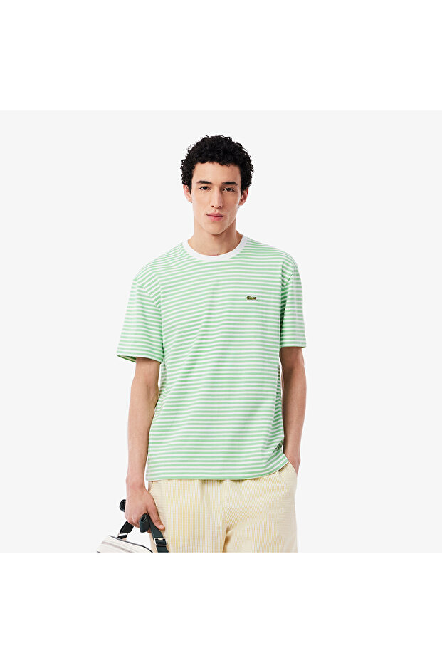 Erkek Classic Fit Bisiklet Yaka Çizgili Açık Yeşil T-Shirt - 1