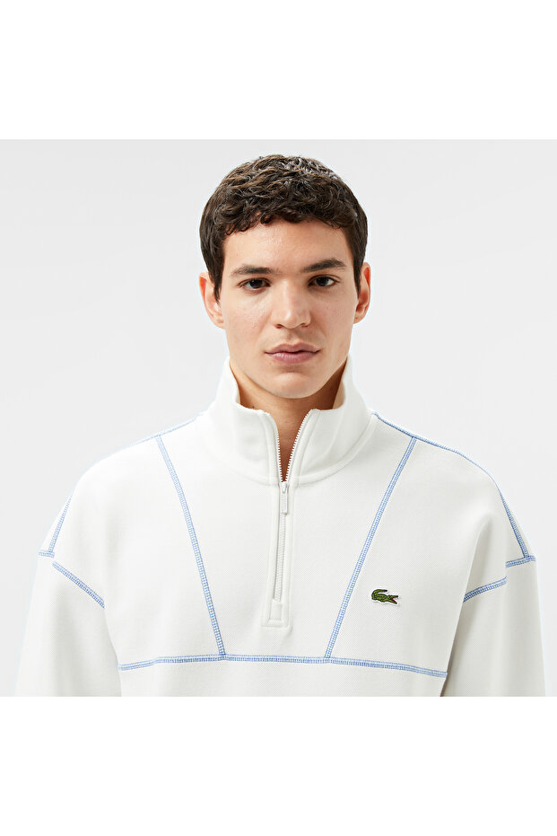 Erkek Relaxed Fit Yarım Fermuarlı Renk Bloklu Beyaz Sweatshirt - 2