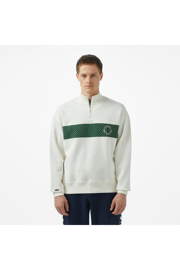 Erkek Loose Fit Yarım Fermuarlı Baskılı Beyaz Sweatshirt - 1