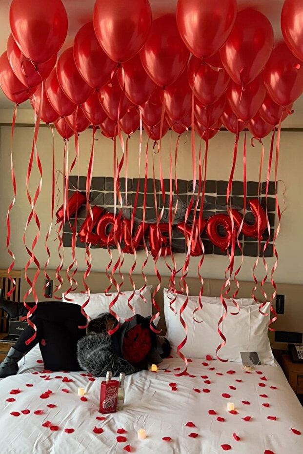 Baloncu Nene I Love You Folyo Balon Seti Kırmızı Balon Kalpli Mum Gül Yaprağı Romantik Süsleme Paketi
