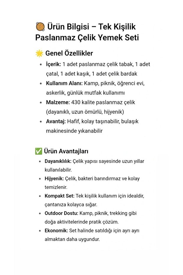 Paslanmaz Çelik Tek Kişilik Yemek Tabağı | Kamp, Piknik, Öğrenci, Asker Seti - 2