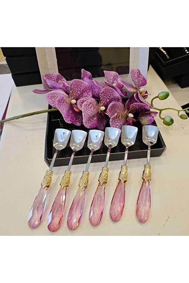 6 Piece Drop Model Ice Cream Spoon Pink Silver