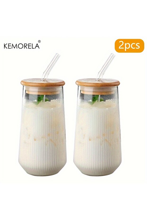 501-600ml 2PCS KEMORELA 4/6PCS Heat-Resistant Vertical Stripes Clear Glass Cup With Lid Straw Coffee