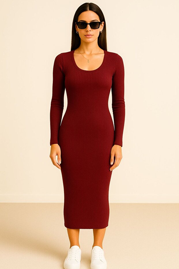 Fitilli Kumaş Uzun Kollu Midi Boy Basic Elbise - 2