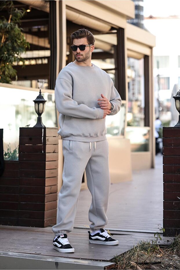 Painted Gray Crew Neck Basic Tracksuit Set E7329 - 4