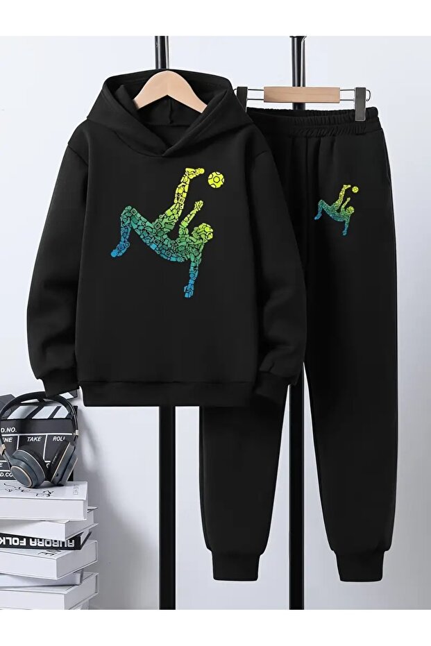 Children's Printed Hooded Sweatshirt and Tracksuit Set 3-Thread Brushed Inside for Autumn/Winter