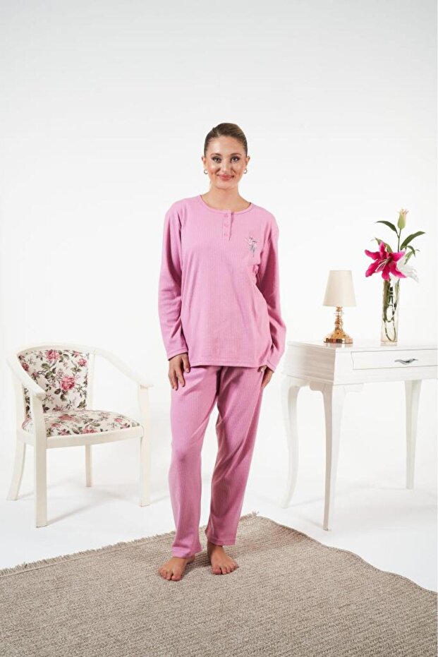 Women's Winter Floral Motif Interlock Ribbed Pajama Set