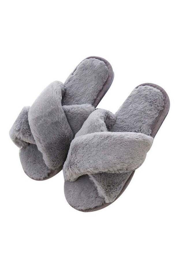 Faux Fur Open Toe Flat Slippers - 1