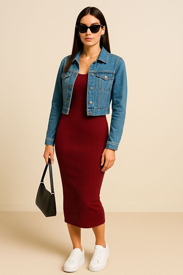 Fitilli Kumaş Uzun Kollu Midi Boy Basic Elbise - 5