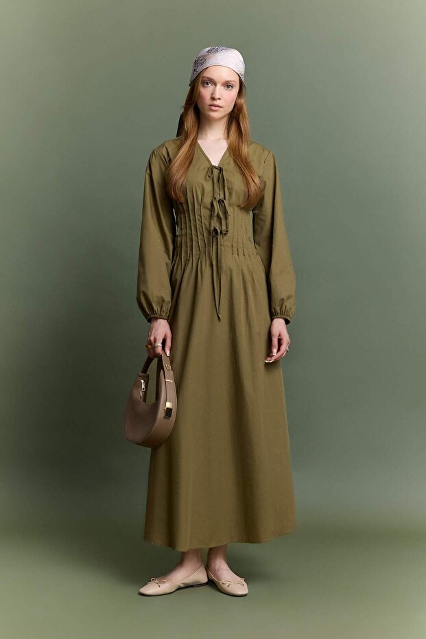 100% Cotton V-Neck Poplin Tie-Front Long Sleeve Maxi Dress G0015AX25AU