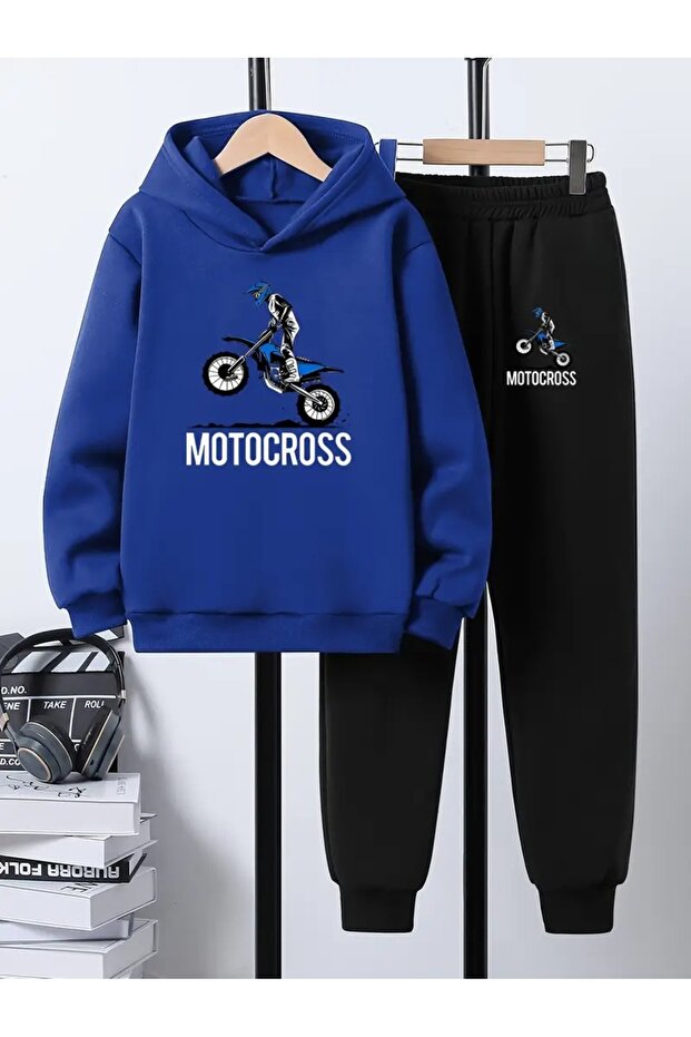 Children's Printed Hooded Sweatshirt and Tracksuit Set 3-Thread Brushed Inside for Autumn/Winter