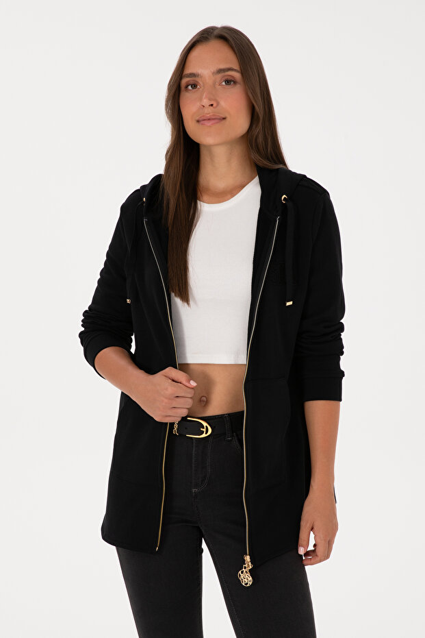 Women's Black Zippered Hooded Sweatshirt 50307714-Vr046