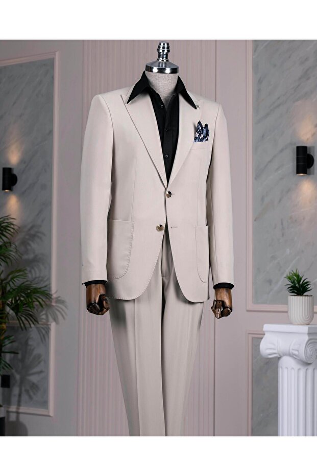 Italian Style Slim Fit Jacket Pant Suit Beige T14153