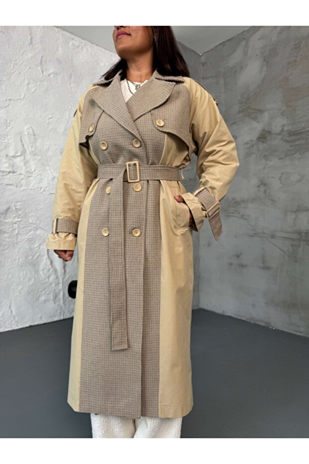 Camel Ekose Detaylı Reglan Trenç - 4
