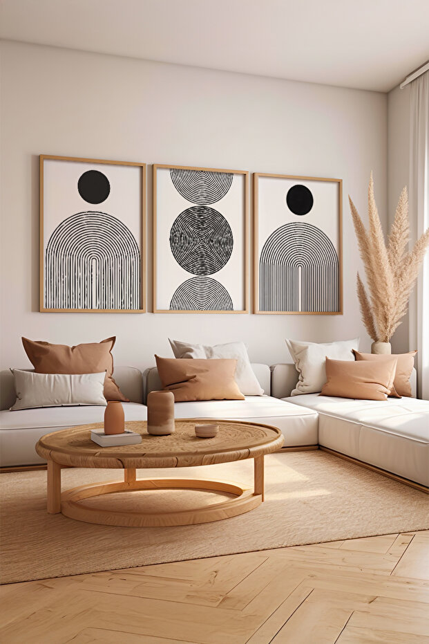 3 Piece Natural Color Real Wood Framed Painting Set - Model 13