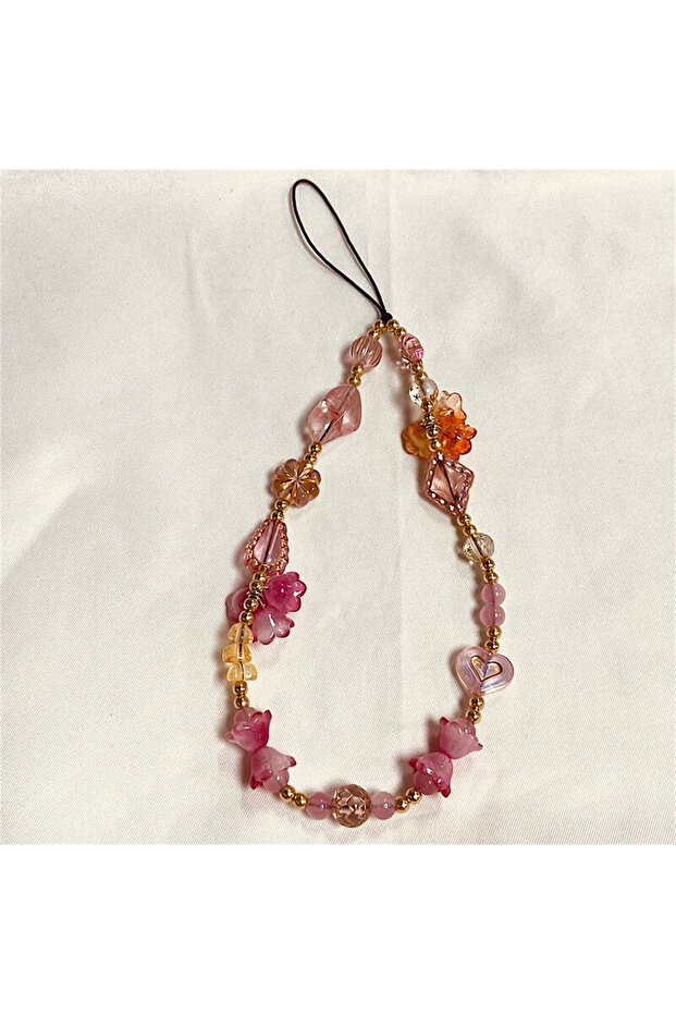 Pink Vintage Style Bead Bracelet Wrist Strap Phone Case Keychain Bag Pendant