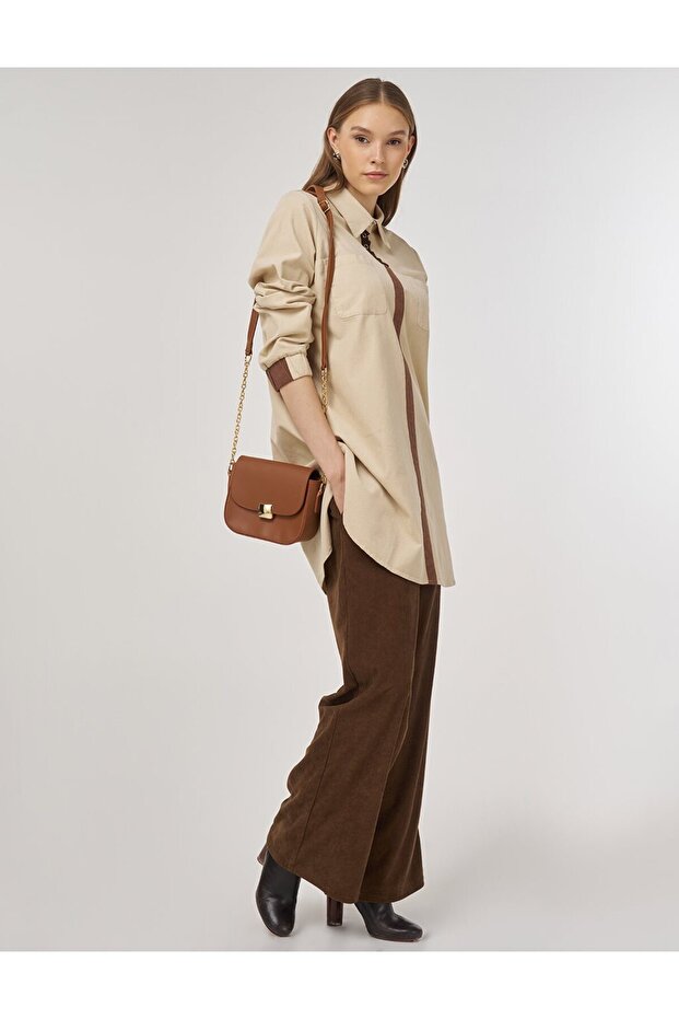 Gömlek Yaka Kadife Tunik Krem - 2