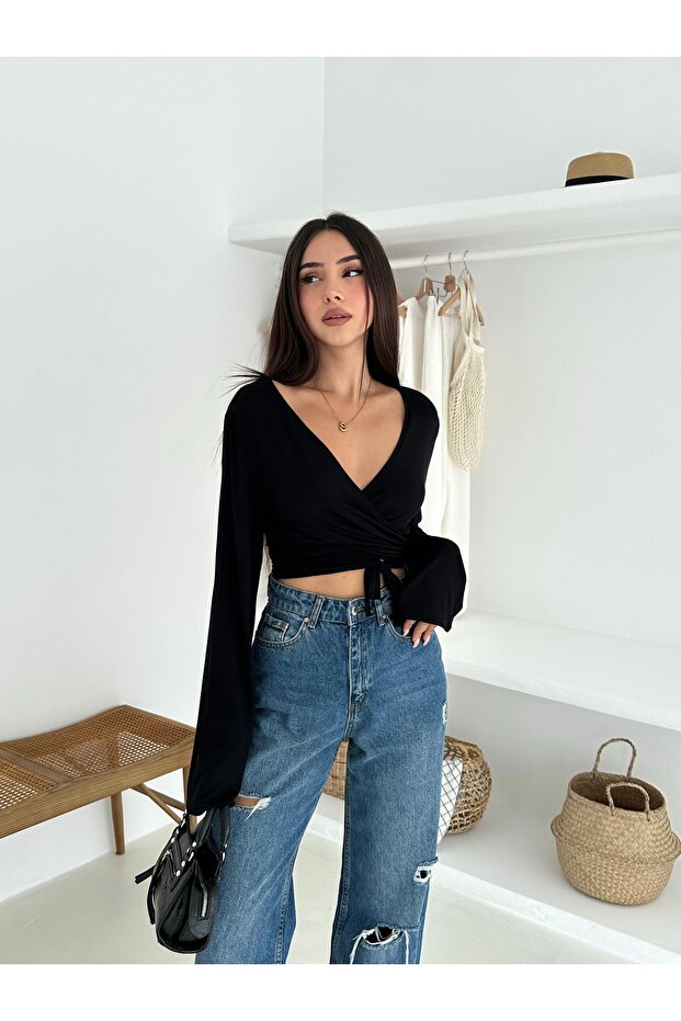 Women's Black Tie-Up Soft Long Sleeve Blouse