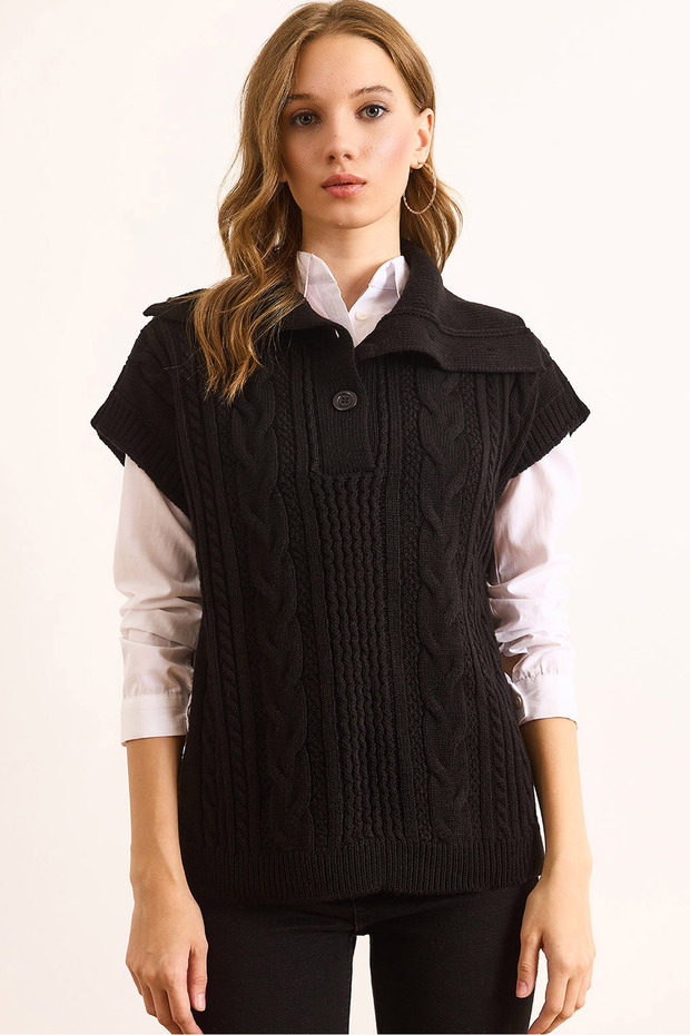 Women's Black Wide Collar Buttoned Knitwear Sweater Svt-00000050