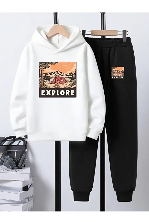Children's Printed Hooded Sweatshirt and Tracksuit Set 3-Thread Brushed Inside for Autumn/Winter