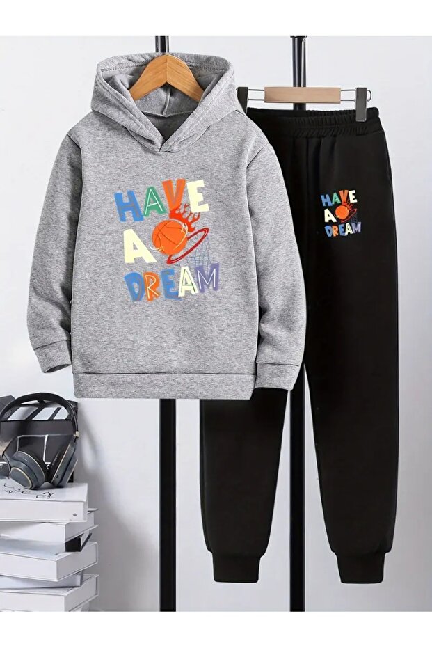 Children's Printed Hooded Sweatshirt and Tracksuit Set 3-Thread Brushed Inside for Autumn/Winter