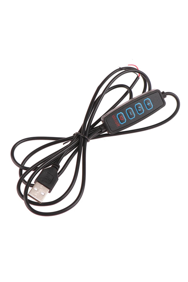 كابل تحكم أسود بطول 1.5 متر، يعمل بمنفذ USB، مزود بمفتاح تعتيم ثلاثي الألوان LED، بجهد 5 فولت، وأربعة أزرار، ووحدة تحكم ثنائية القناة.