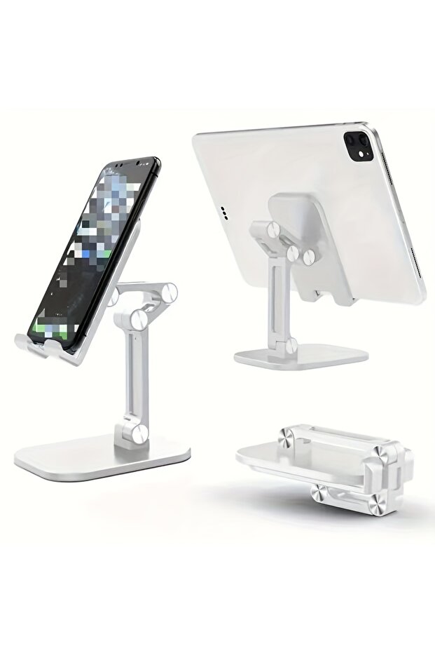 حامل هاتف محمول قابل للطي بثلاثة أقسام باللون الأبيض لأجهزة iPhone و iPad و Tablet وطاولة مكتبية مرنة