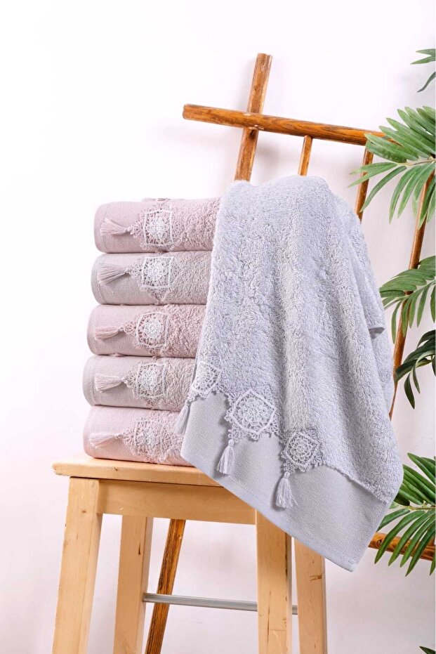 Bamboo 50X90 cm Lace Tasseled Hand Face Towel with 6 Pvc Bags