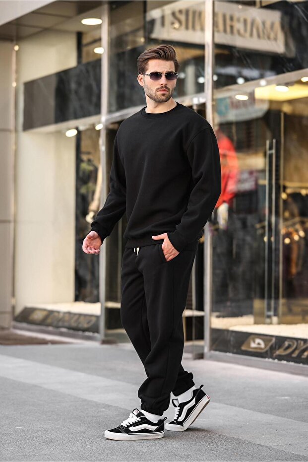 Siyah Bisiklet Yaka Basic Eşofman Takımı E7329 - 3