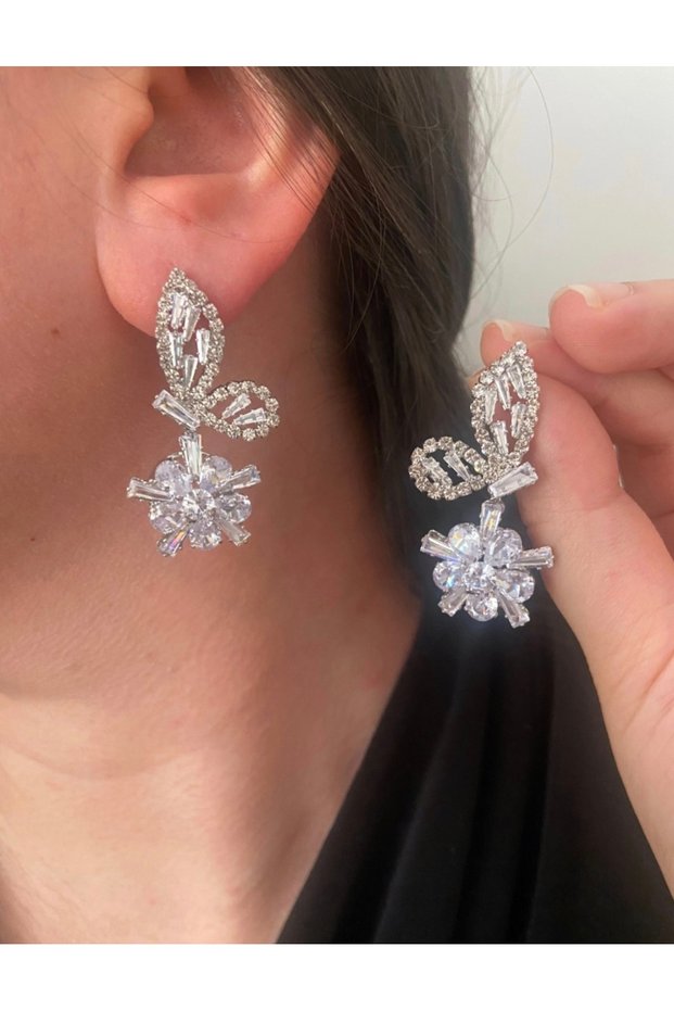 Stylish Party Engagement Henna Wedding Evening Dress Earrings with Stone Silver Color Butterfly and Flower Dangle