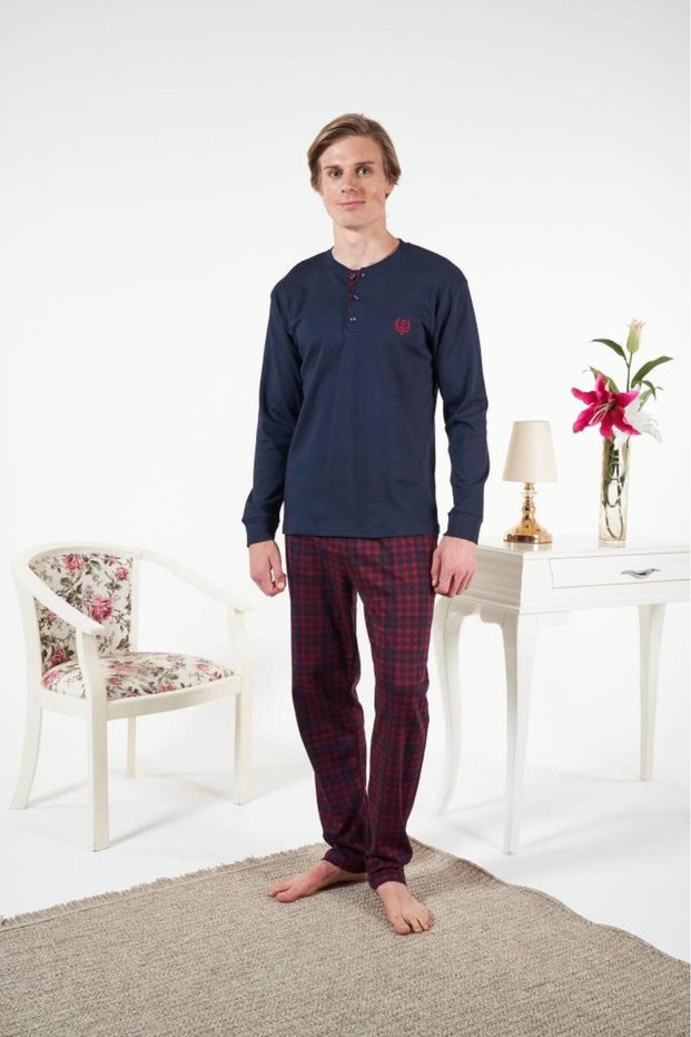 Men's Winter Plaid Combed Cotton Interlock Pajama Set Navy Blue