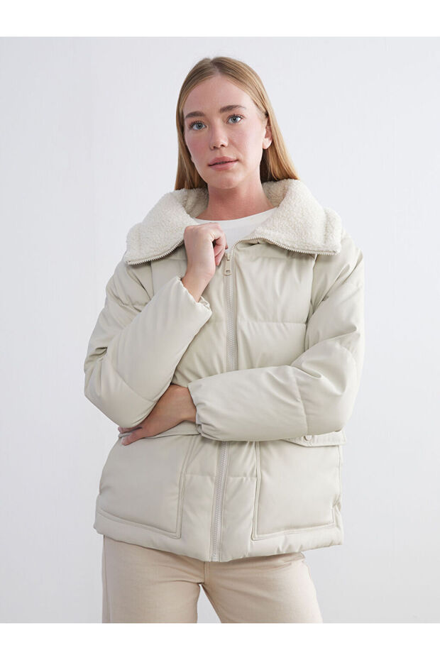 Ecru Stand Collar Oversize Women's Puffer Coat