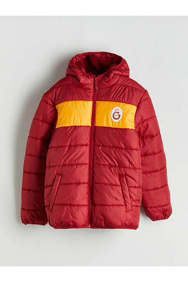 Red Hooded Printed Boy's Puffer Jacket