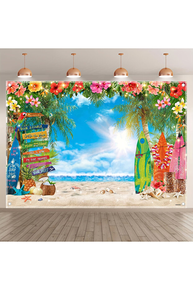 180X243cm Summer Hawaii Beach Polyester Photography Background, Tropical Flower Surfboard Palm Leaf