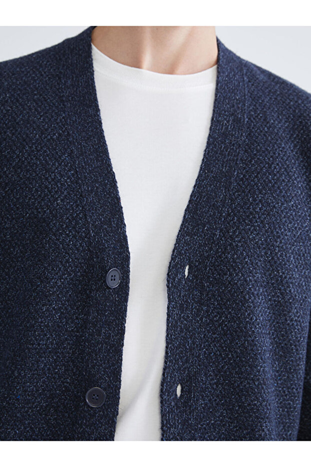 Lacivert Standart Kalıp V Yaka Erkek Triko Hırka - 3